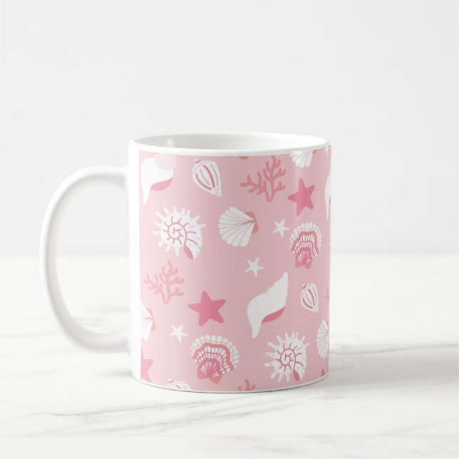 Pastel Pink Sea Shells and Coral Seamless Pattern Coffee Mug (Left)