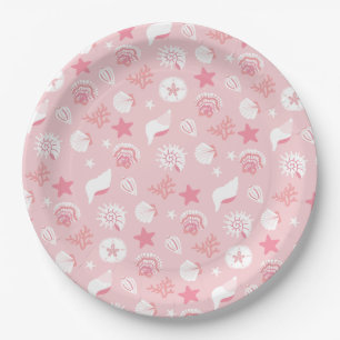 Pastel Pink Sea Shells and Coral Seamless Pattern Paper Plate