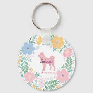 Pastel Pink Shiba Inu Custom Name with Wreath Key Ring