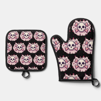 Pastel Pink Skull and Crossbones Oven Mitt & Pot Holder Set