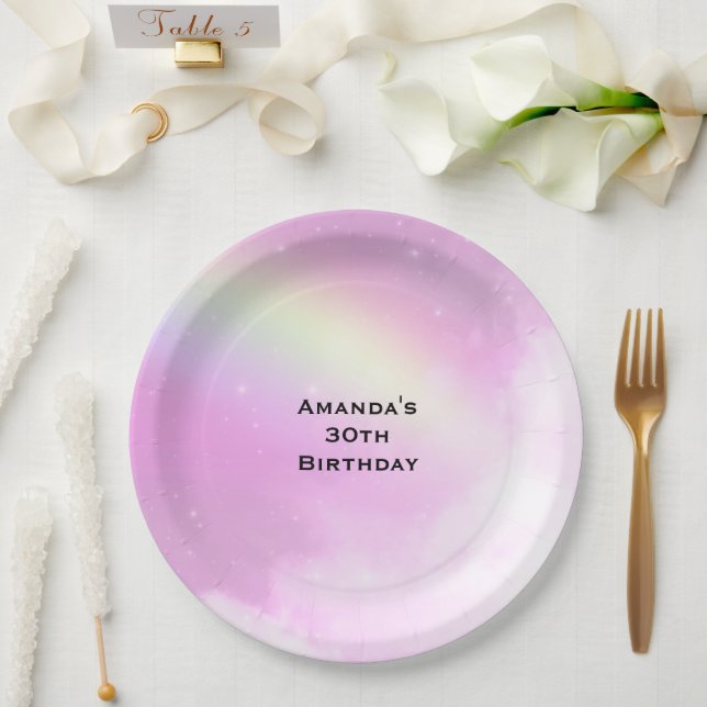 Pastel Pink Sky with Yellow Rainbow Birthday Paper Plate (Wedding)
