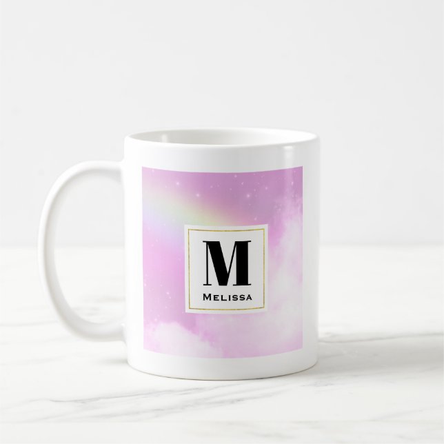 Pastel Pink Sky with Yellow Rainbow Monogram Coffee Mug (Left)