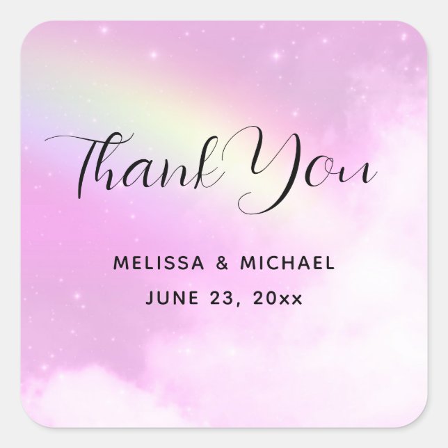 Pastel Pink Sky with Yellow Rainbow Thank You Square Sticker (Front)