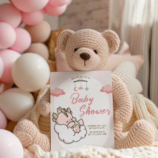 Pastel Pink Sleeping Cloud Baby Dragon Birthday Invitation