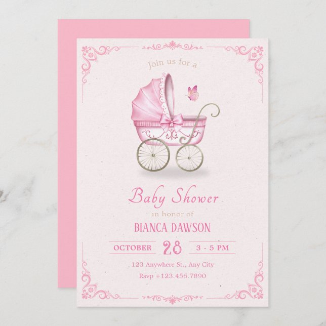 Pastel pink soft baby stroller baby shower invitation (Front/Back)