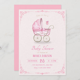 Pastel pink soft baby stroller baby shower invitation