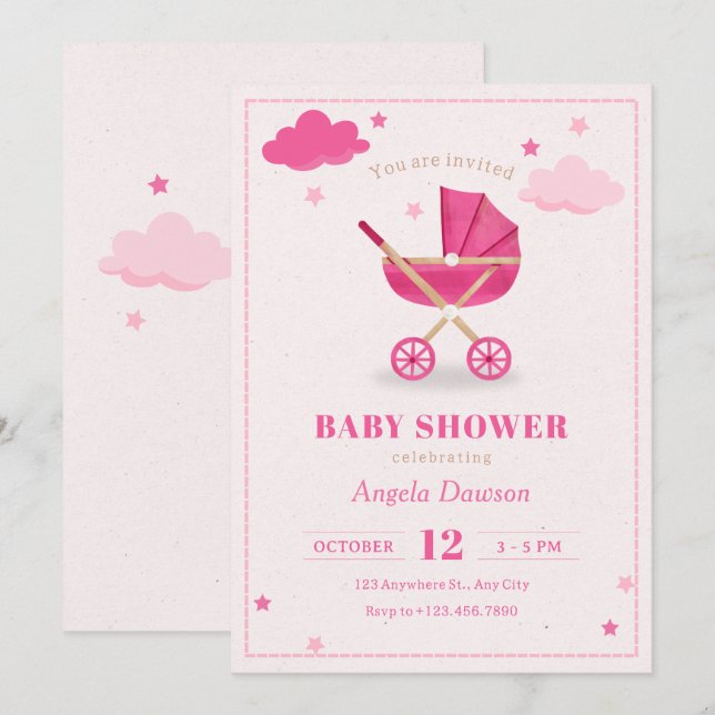 Pastel pink soft baby stroller baby shower  invitation (Front/Back)