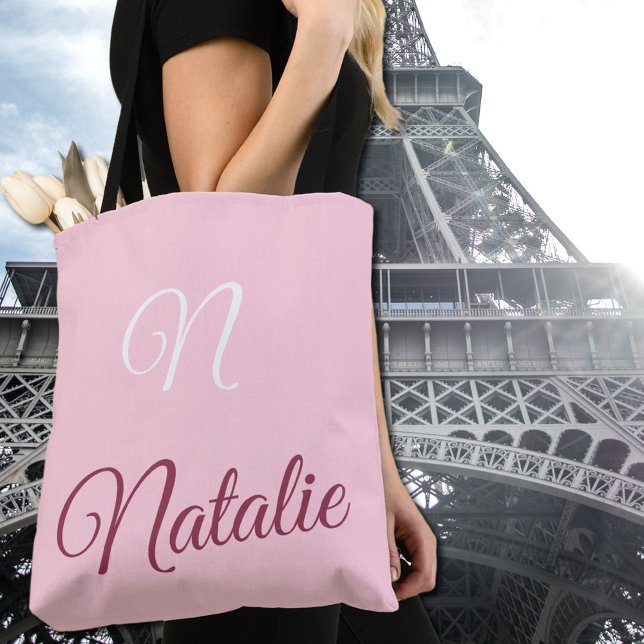 Pastel pink solid colour monogrammed tote bag (Creator Uploaded)