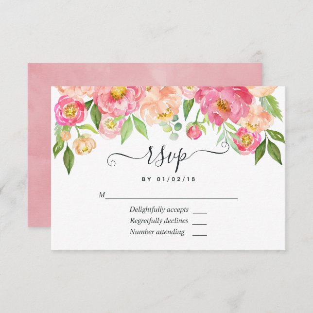 Pastel Pink Spring Watercolor Peonies Wedding RSVP (Front/Back)
