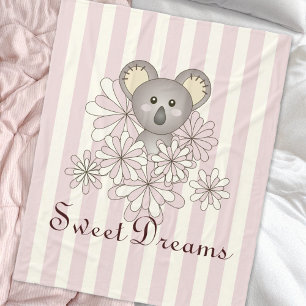 Pastel Pink Stripe Cute Baby Koala Girls Kids Fleece Blanket