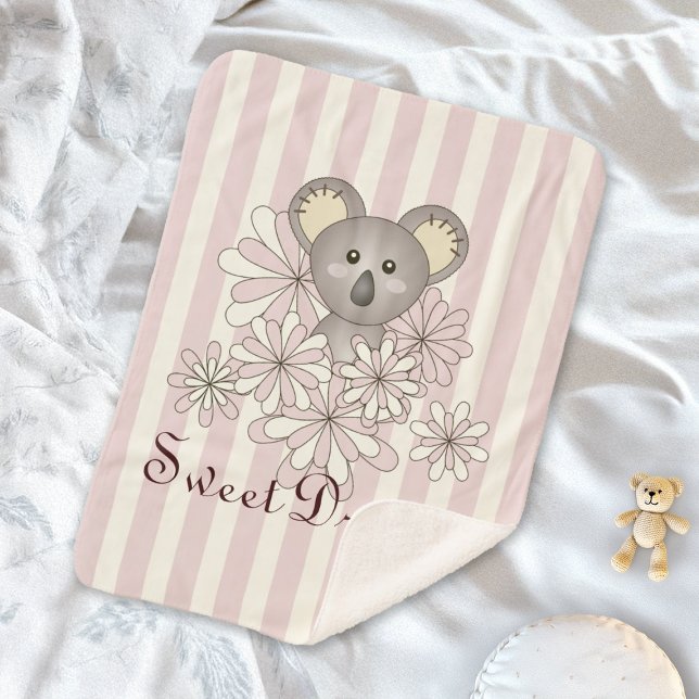 Pastel Pink Stripe Cute Baby Koala Girls Kids Sherpa Blanket (Creator Uploaded)