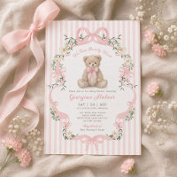 Pastel Pink Stripe Teddy Bear Girl Baby Shower