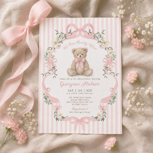 Pastel Pink Stripe Teddy Bear Girl Baby Shower Invitation