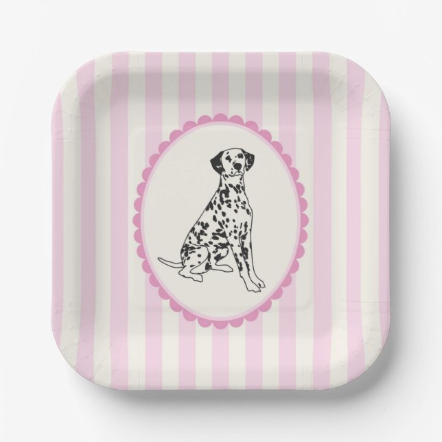 Pastel Pink Stripes and Black Dog Illustration Paper Plate (Front)