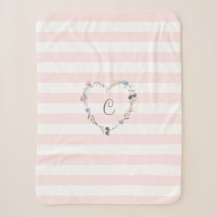 Pastel Pink Stripes Floral Heart Monogram Sherpa Blanket