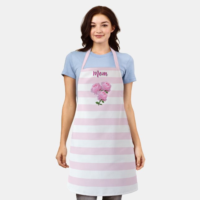  Pastel Pink Stripes with Pink Roses  "Mum"  Apron (Worn)