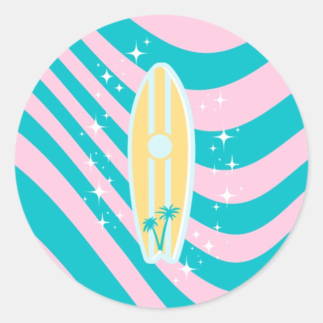 Pastel Pink Surfboard, Beach Art, Tropical Vibes Classic Round Sticker (Front)