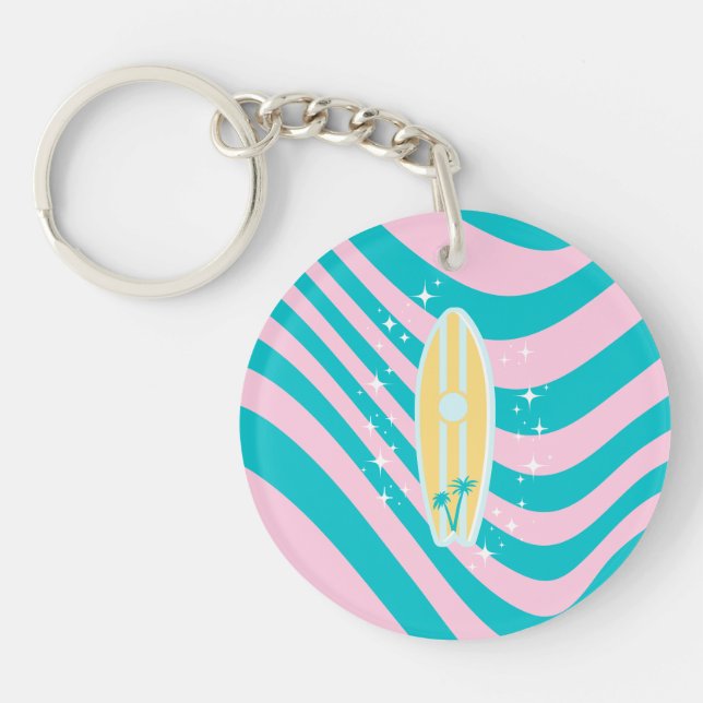 Pastel Pink Surfboard, Beach Art, Tropical Vibes Key Ring (Front)