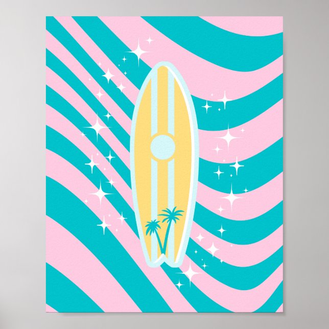 Pastel Pink Surfboard, Beach Art, Tropical Vibes Poster (Front)