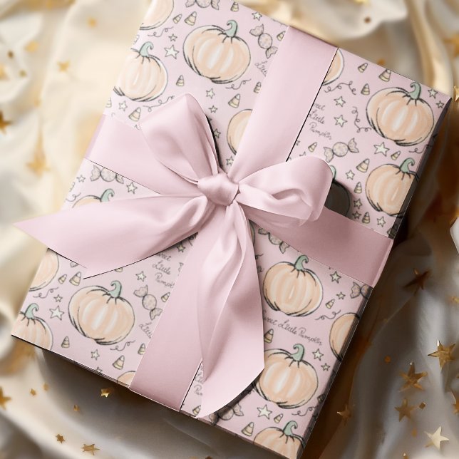 Pastel Pink Sweet Little Pumpkin Baby Wrapping Paper (Adorable Baby Halloween Illustrations Hand-drawn by Nathalie Portet. Soft Pastel Pink Background. )