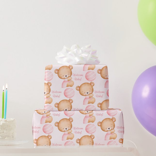 Pastel pink sweet teddy bear baby shower wrapping paper (Party Gifts)
