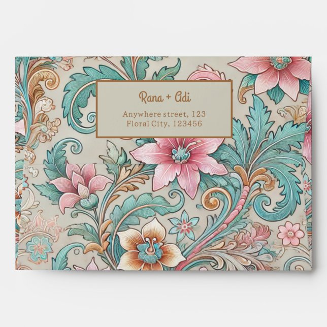 Pastel Pink Teal Batik Floral Return Address Envelope (Back (Top Flap))