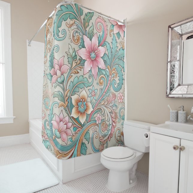 Pastel Pink Teal Boho Indonesian Batik Floral Shower Curtain (In Situ)