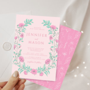 Pastel pink teal green floral bohemian wedding invitation