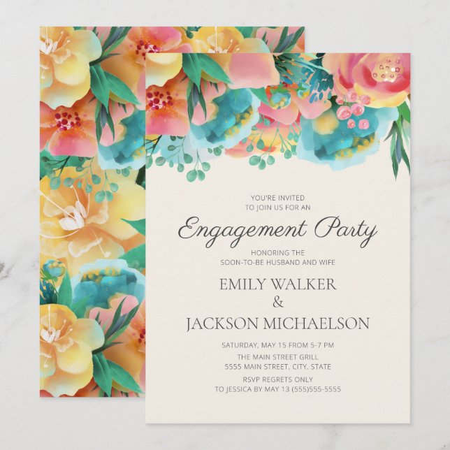 Pastel Pink Teal Yellow Floral Engagement Party Invitation (Front/Back)