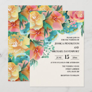 Pastel Pink Teal Yellow Floral Wedding Invitation