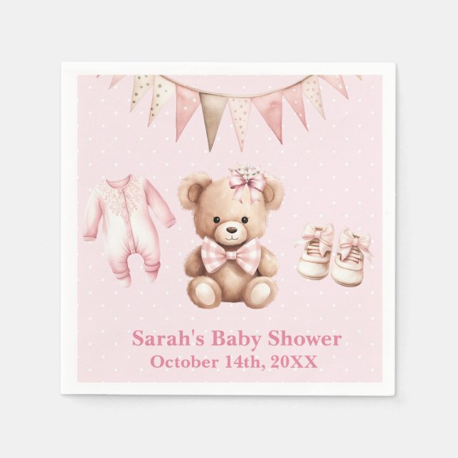 Pastel Pink Teddy Bear Baby Shower Paper Napkin (Front)