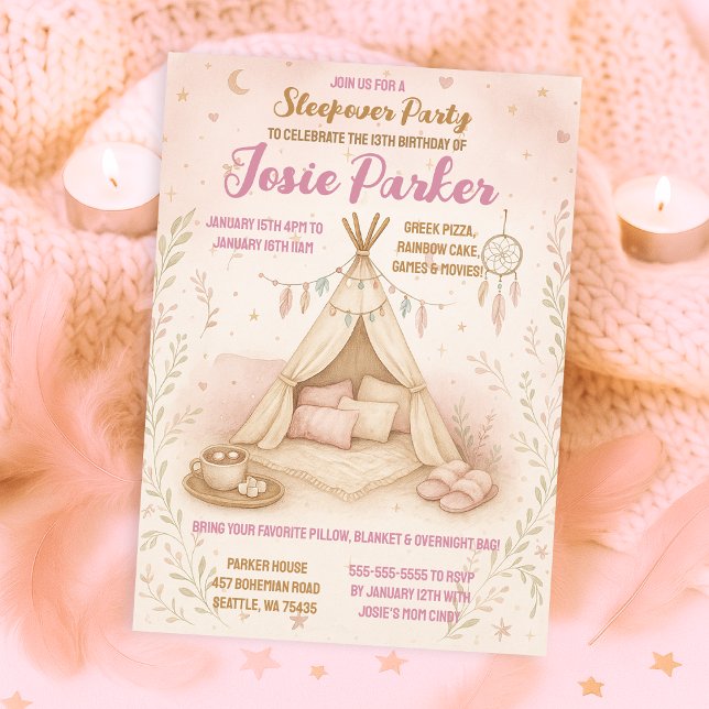Pastel Pink Teepee Sleepover Birthday Party  Invitation (Creator Uploaded)