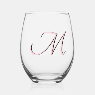 Pastel Pink Trendy Elegant Monogram Initial Letter Stemless Wine Glass