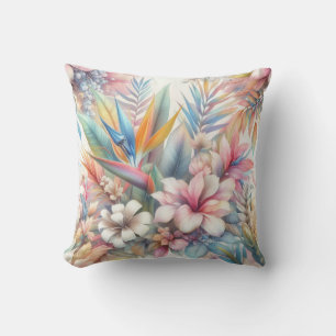 Pastel Pink Tropical Flowers Hawaiian Floral Cushion
