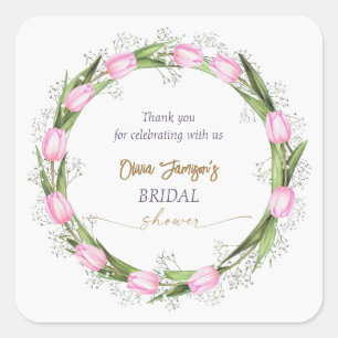 Pastel Pink Tulip & Baby’s Breath Bridal Wreath Square Sticker