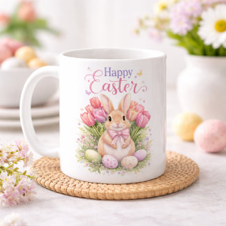 Pastel Pink Tulips Easter Bunny Happy Easter Coffee Mug