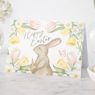 Pastel Pink Tulips & Yellow Daffodils Happy Easter Card