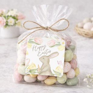 Pastel Pink Tulips & Yellow Daffodils Happy Easter Square Sticker