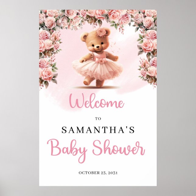 Pastel pink Tutu ballerina girl teddy bear Welcome Poster (Front)