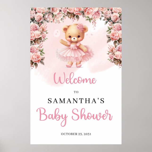 Pastel pink Tutu ballerina girl teddy bear Welcome Poster (Front)