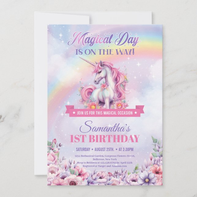 Pastel Pink Unicorn and Rainbows 1st Birthday Invitation (Front)