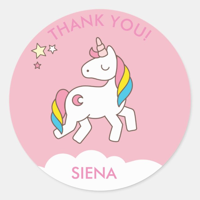 Pastel Pink Unicorn Birthday Party Thank You Classic Round Sticker (Front)