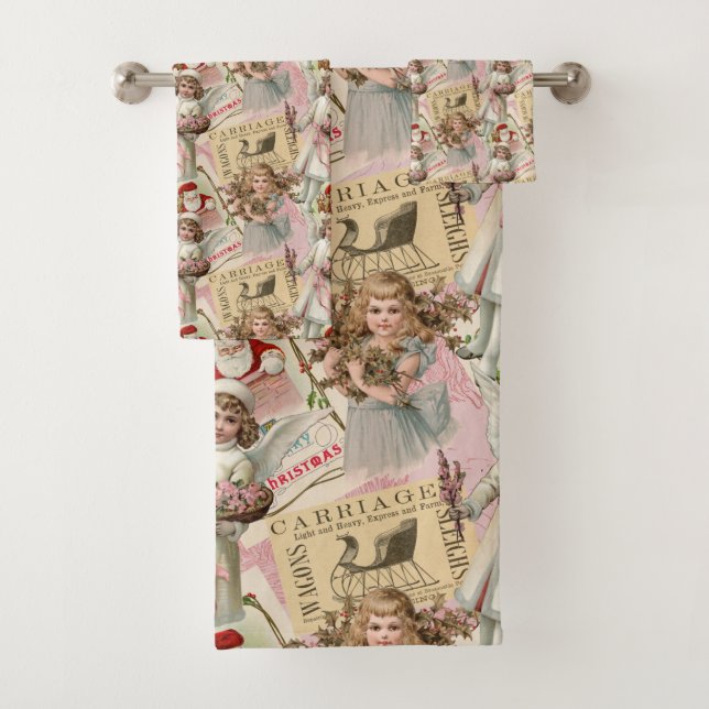 Pastel Pink Victorian Christmas  Bath Towel Set (Insitu)
