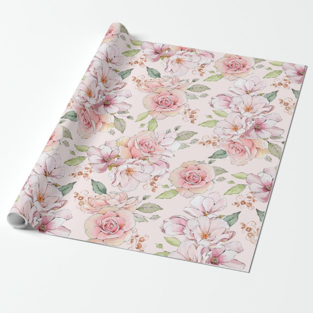 Pastel pink vintage roses pattern wrapping paper (Unrolled)