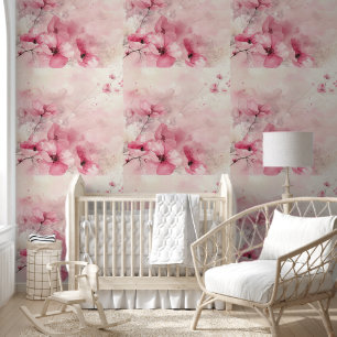 Pastel Pink Watercolor Flowers Nursery Room Decor Wallpaper