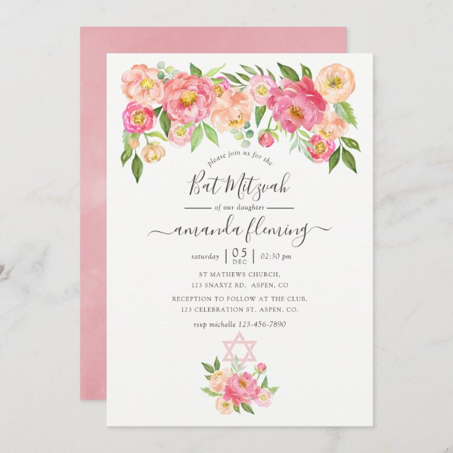 Pastel Pink Watercolor Peonies Bat Mitzvah Invitation (Front/Back)