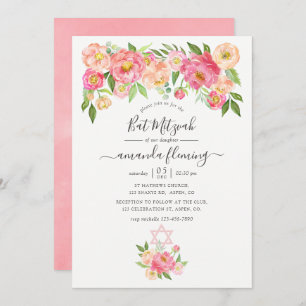 Pastel Pink Watercolor Peonies Bat Mitzvah Invitation