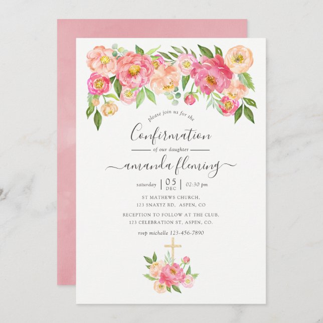 Pastel Pink Watercolor Peonies Confirmation Invitation (Front/Back)