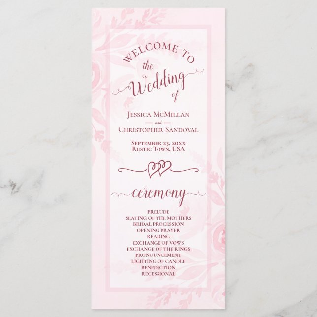 Pastel Pink Watercolor Peonies Elegant Wedding Program (Front)