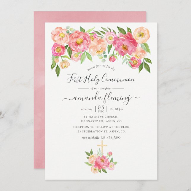 Pastel Pink Watercolor Peonies Holy Communion Invitation (Front/Back)